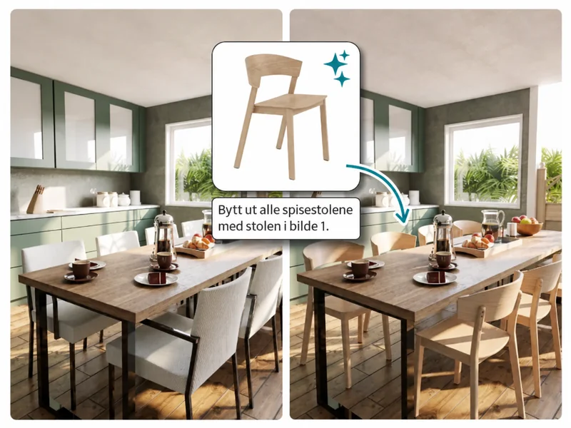 Ai-rendering som viser hvordan møbler i et rom kan erstattes ved hjelp av et referansebilde, med et tydelig før-og-etter-resultat.