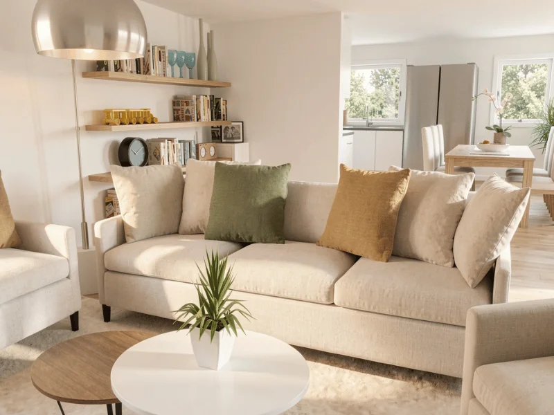 Lys minimalistisk stue med beige sofa, grønne og brune puter, runde sofabord og åpen kjøkken- og spiseplass.