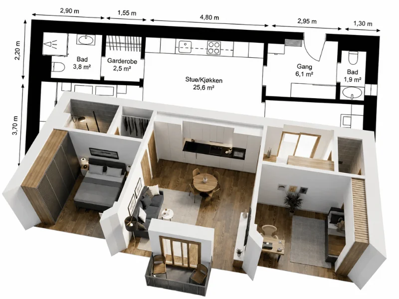 2D- og 3D-plantegning av leilighet med rominndeling, møblering og metriske mål.