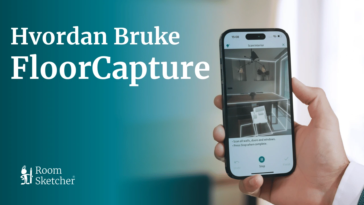 Person holder en iPhone og bruker RoomSketcher FloorCapture til å fange et rom og lage en plantegning.