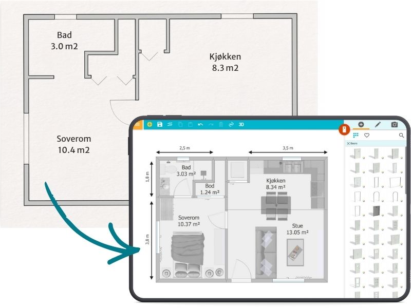 En enkel plantegning som blir importert til RoomSketcher.