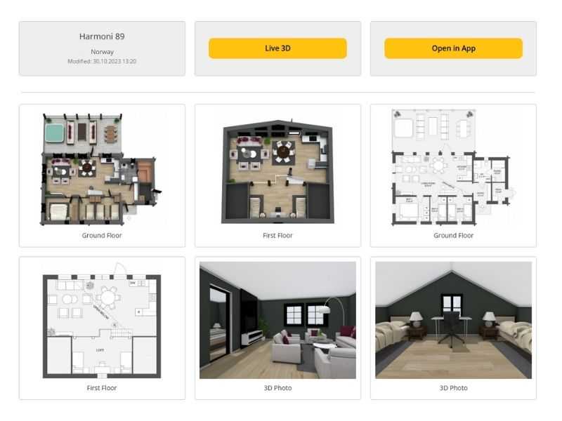 RoomSketcher project page for "Harmoni 89" in Norway, showing buttons for "Live 3D" and "Open in App" at the top. Below are two rows of floor plans and 3D images: the top row features 3D and black-and-white 2D floor plans for the ground and first floors; the bottom row includes a 2D first floor plan and two interior 3D photos of furnished rooms with green walls and light wood flooring.