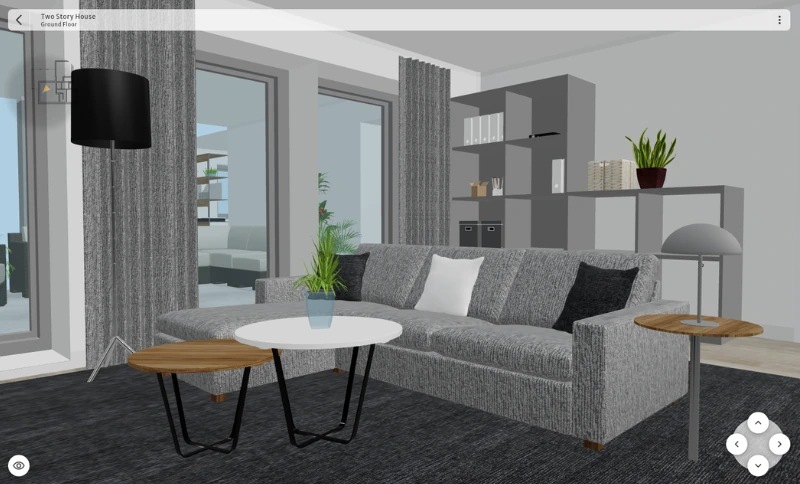 3D-visning av en moderne stue med grå sofa, sofabord, tepper, store vinduer med gardiner og hylleseksjon langs veggen.